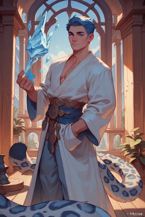 snow leopard boy, Magister, Ice magic,  Blue Eyes ,  Slim, The most beautiful sexy woman in the white robe , Navy blue pattern, The interior of the wooden house, bright