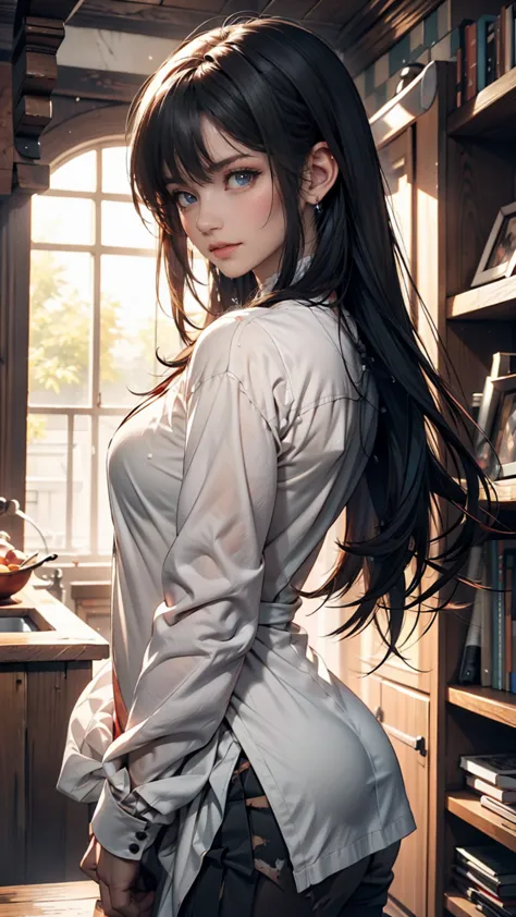 Future Anime Art. Bird&#39;s Eye View, Dirty woman sitting on a chair in a dilapidated house , Wet, messy hair hanging over her eyes, Fitted shirt and pleated skirt. Vic Ship, Close-up view, Hurt. Hand-drawn, cinematic lighting, very detailed. white, brown...