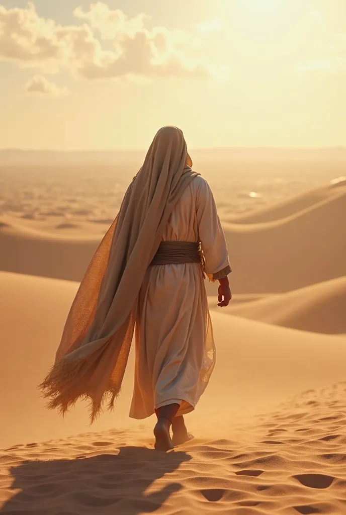 Create an image of Jesus Christ from behind, walking in the desert. He is wearing typical clothing of the time and his head is covered.