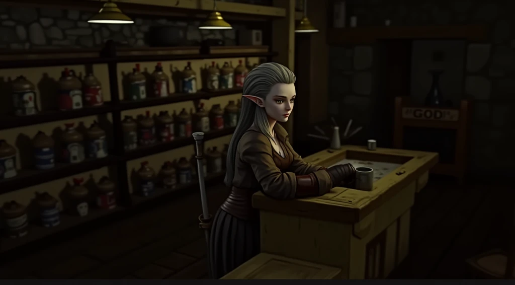  anime ,  Medieval Times .  woman half elf little tavern owner ,  white skin ,   very small breasts   ,  white hair and lots of short Mullet  ,  breasts behind rustic counter , thin ,  clothing: clothing de couro medieval simples marrons , yellowish brown ...