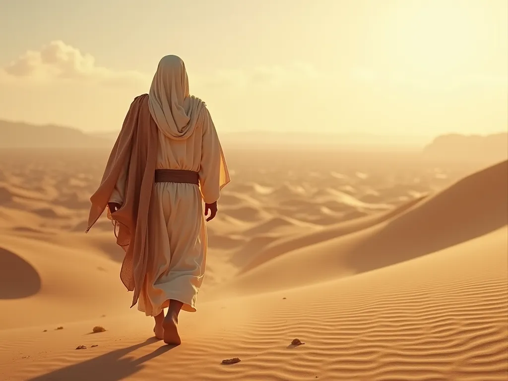 Create an image of Jesus Christ from behind, walking in the desert. He is wearing typical clothing of the time and his head is covered.