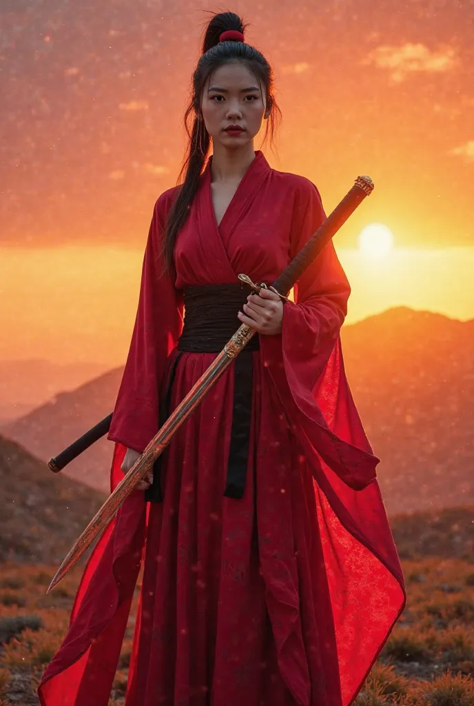 Women's Remote Back Ball Swordsman in Red Chinese Antique Dress, wearing a black belt, iridescent far veil face, sunset view