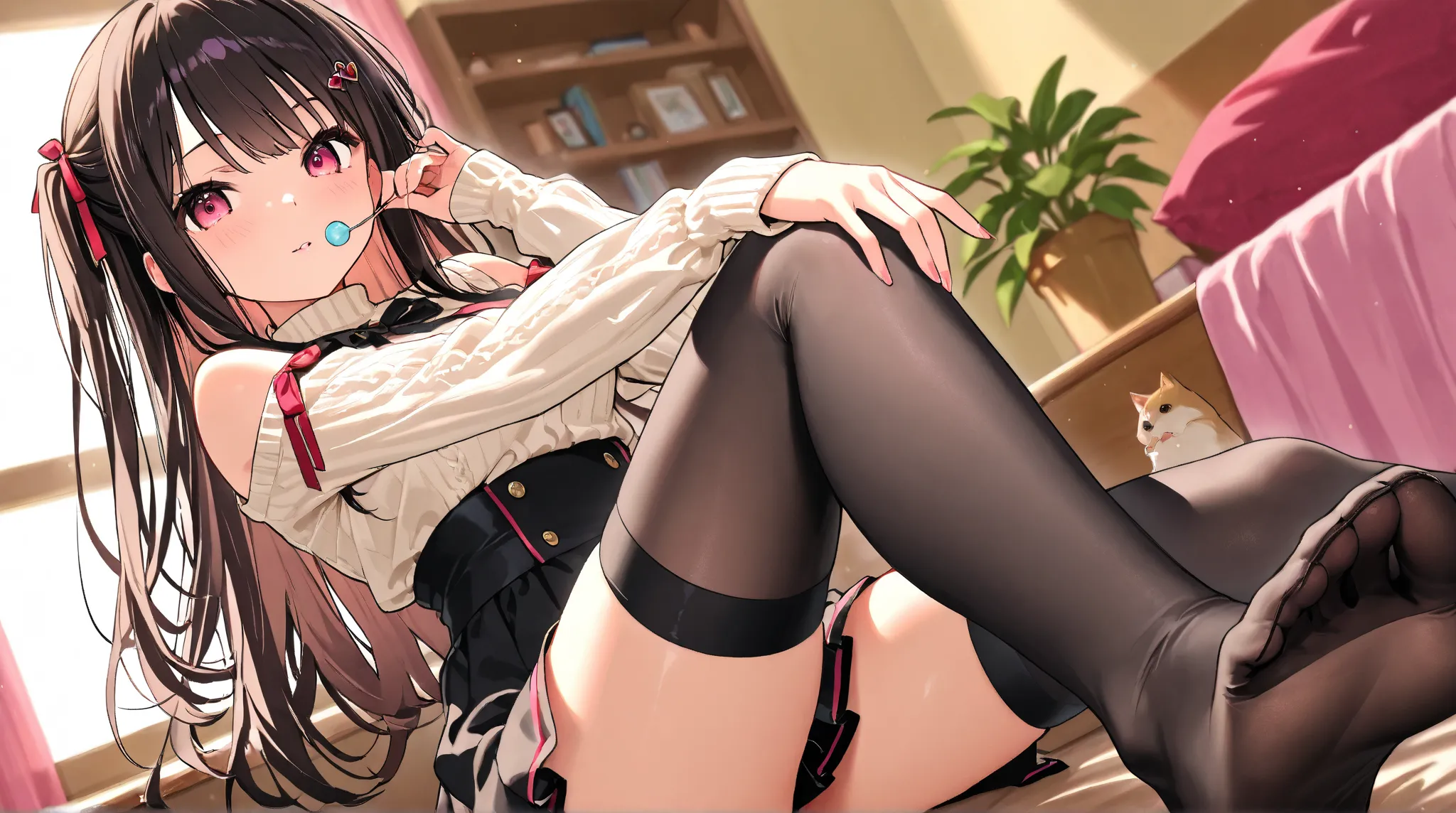 miniskirt　薄い緑色の髪　black thigh high knee high socks　 beautiful feet　skirts　eyes are hearts　