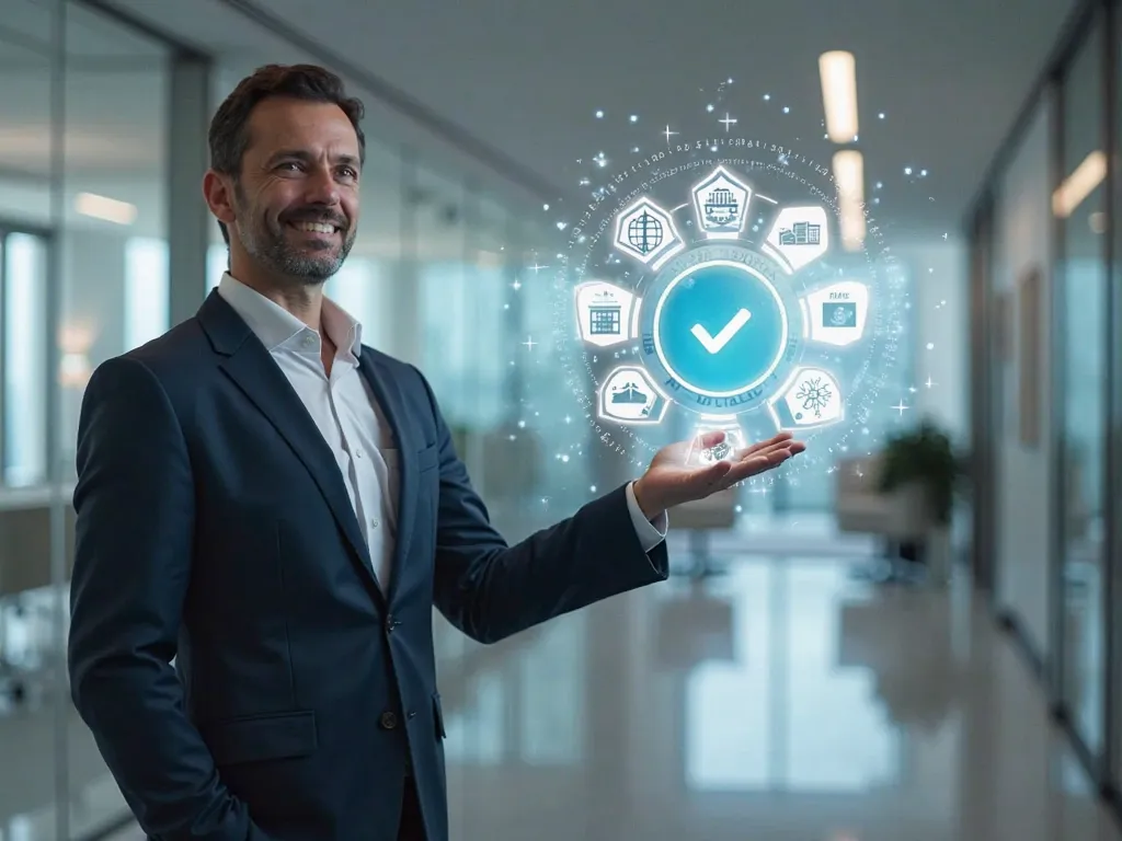 Businessman holding a digital icon of a checkmark with quality assurance and certification symbols, standard compliance and guarantee. quality control, automation process, Standardization management,