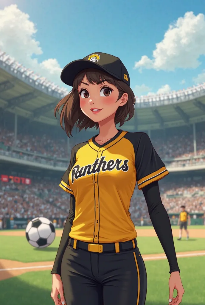 Baseball stadium in the center a soccer ball. Women in the background wearing baseball uniforms wearing yellow and black long sleeve shirts with the name of "panthers", black baseball cap and black pants,  animated image  