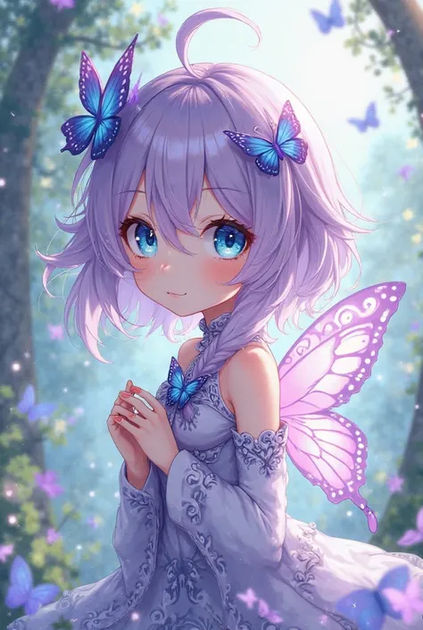 Create Image Genshin Impact Girl Character Lilac Hair One Eye Butterfly Themed Petite Girl Blue One Eye Lilac Color Anime Style 2d Looking

