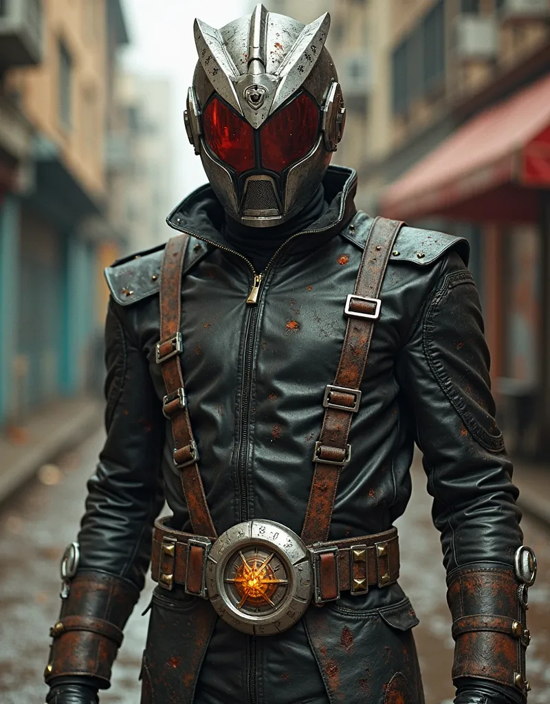 A Quentin Tarantino-directed Shin Kamen Rider, styled as a grindhouse 70s action flick. The transformation sequence is raw and visceral—leather straps tightening, mechanical plates locking into place with heavy metallic clicks. His suit is made of worn-out...