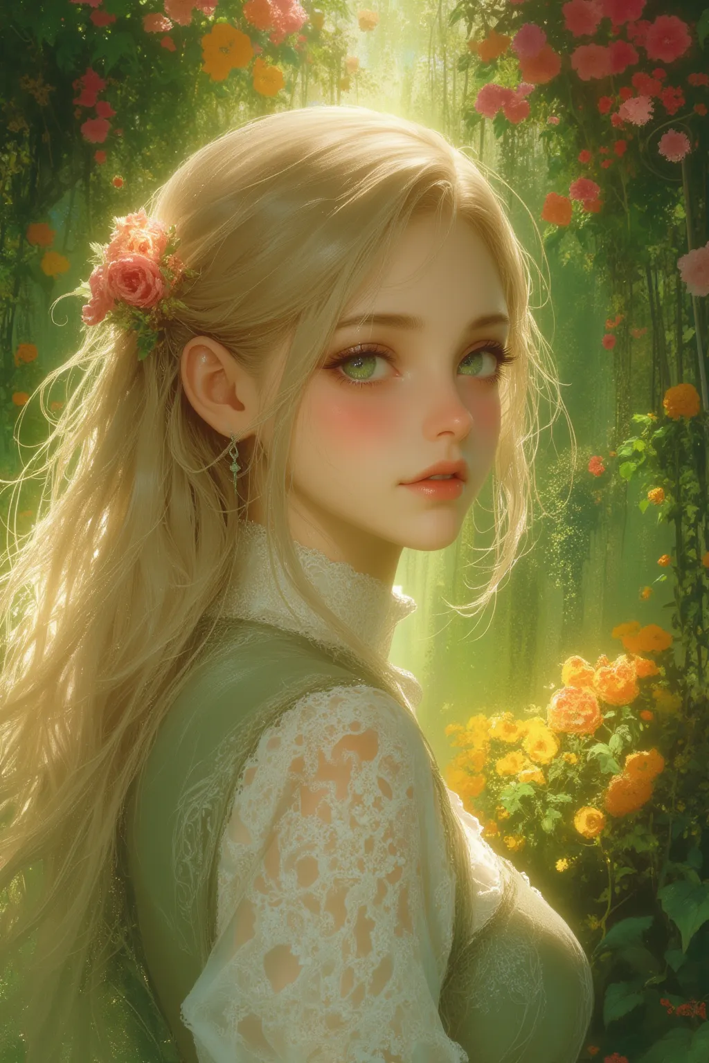 The face up background of a beautiful girl with long blond hair is a hanging colorful flower sun garden high resolution,  Green Eyes, accessories, hair flower,  Perfect human profile profile 