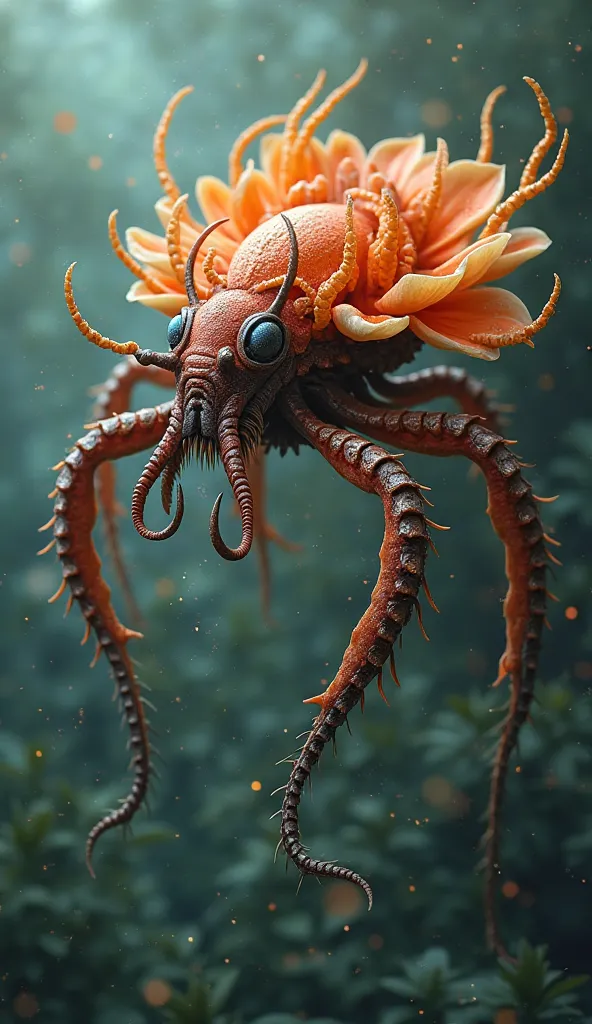 predatory animal, combining the shape of a lily and an octopus, Realistic flying creature , a flower-like octopus dome with a beetle. The petals are long, elongated and have large, sharp fangs, similar to, bright colors,  hooks with an inner glow . It has ...