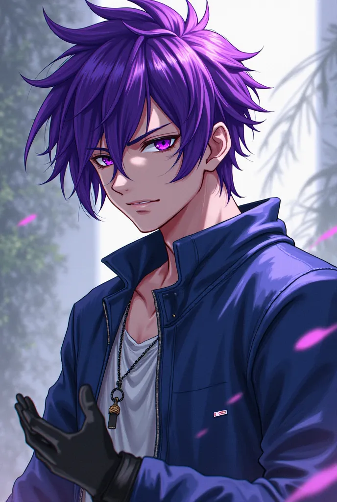 Anime style blue lock trait, male character big purple hair purple eyes and silver casual wear with black gloves