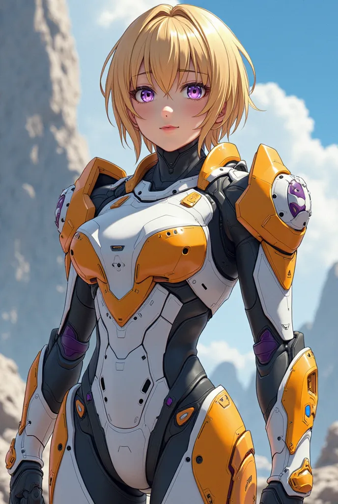 4K anime style quality, digital drawing mode, a strategic and kindhearted warrior with short golden-blonde hair and warm lavender eyes, wearing the Rafale Revive Custom II IS battle armor, a sleek white and orange exosuit built for speed and precision, sta...