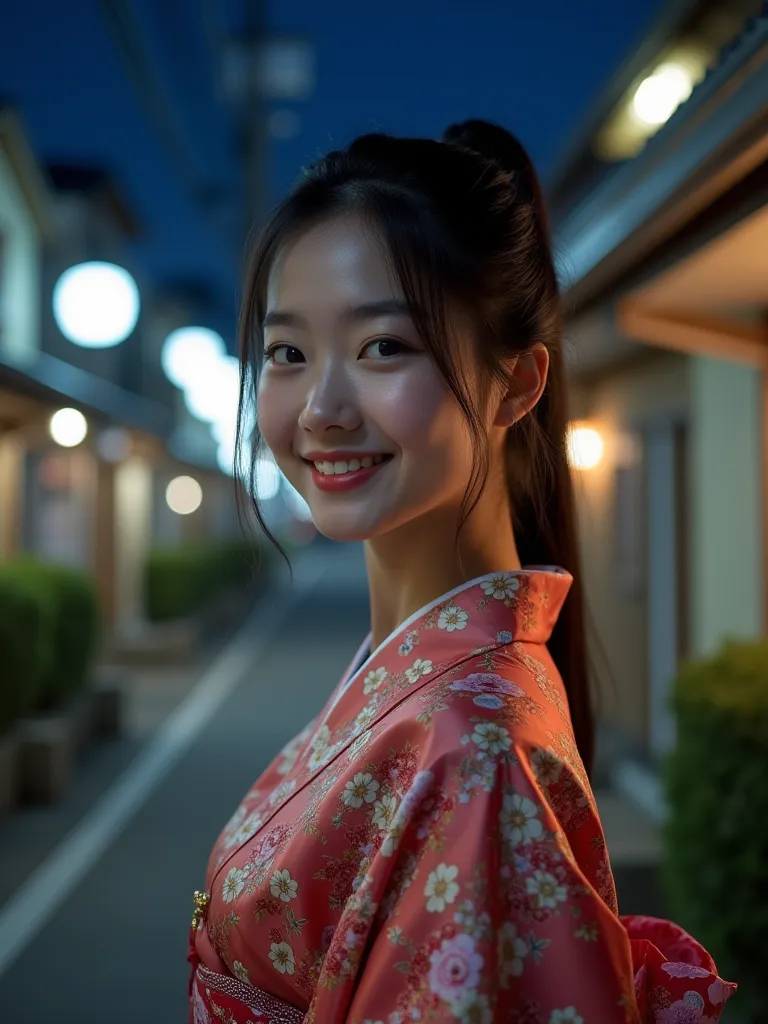 A very beautiful 18 year old Japanese female student wearing a colourful silk kimono at night, pony tail style hair, Japanese residential building in the night, realistic 50mm f1.2 lens emulation shot on Canon 5D Mark III, 4k resolution, there’s soft light...