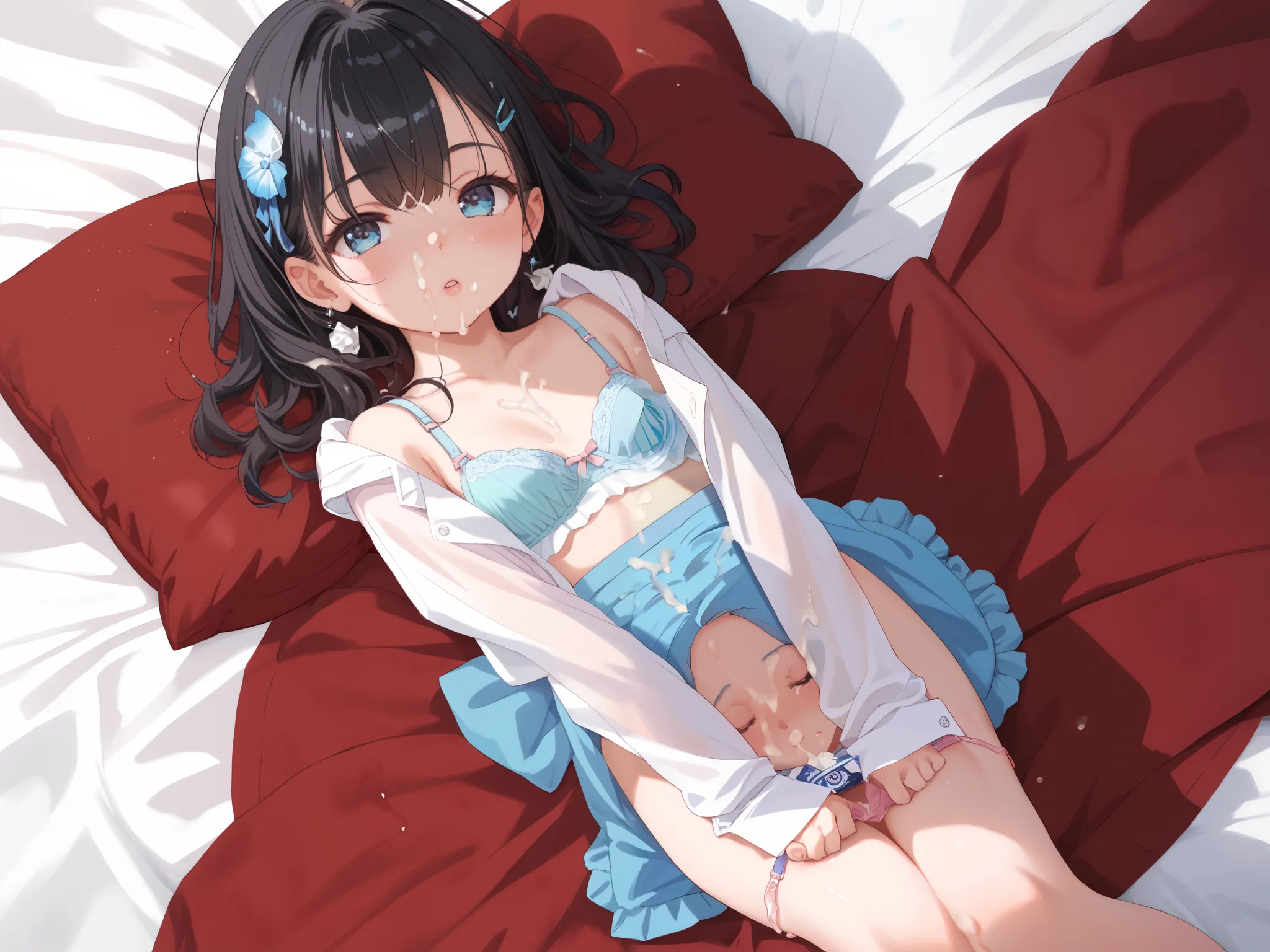 long hair,wave long black hair,master piece,best quality,ultra detailed, highres,wave hair,Japanese woman with long black hair,masterpiece、Highest quality、bra, Western-style room、used condom,used tissue, tissue box,cum on clothes,cum on head,, tissue box,c...