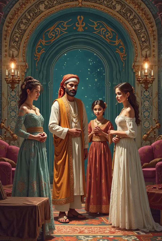 Give me a drawing of the story of the porter and the three daughters from the stories of One Thousand and One Nights