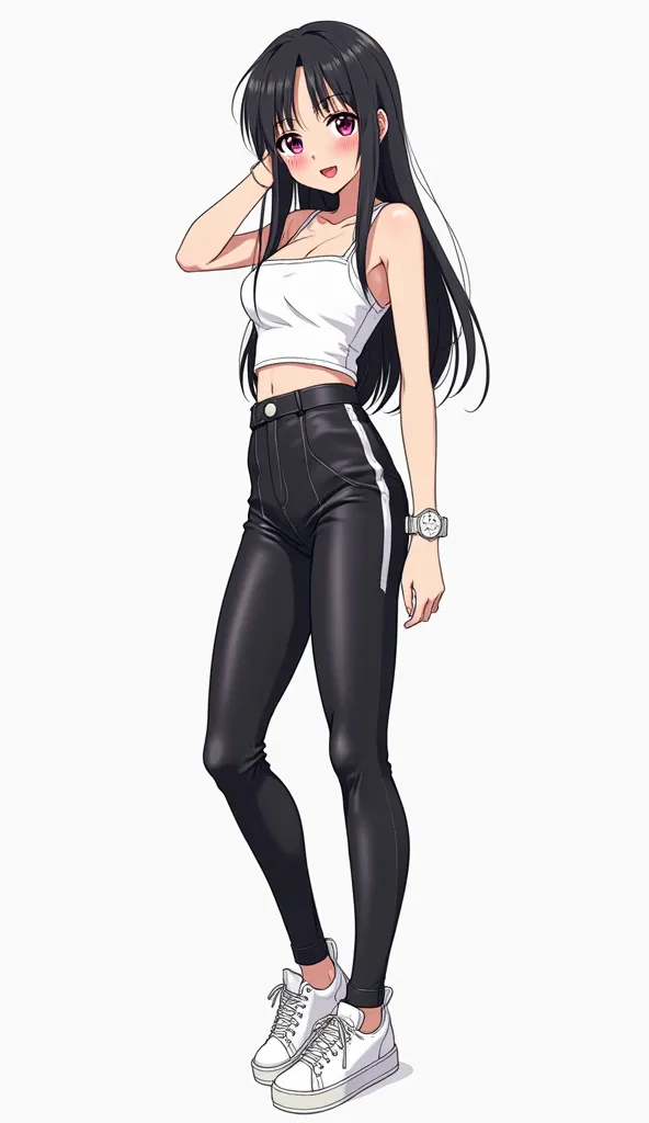 Japanese anime adolescent woman with long straight black hair and intense magenta eyes and wears a white watch on the wrist of her left arm and She wears a short white top with wide straps and a square neckline, combined with tight leather-effect pants in ...