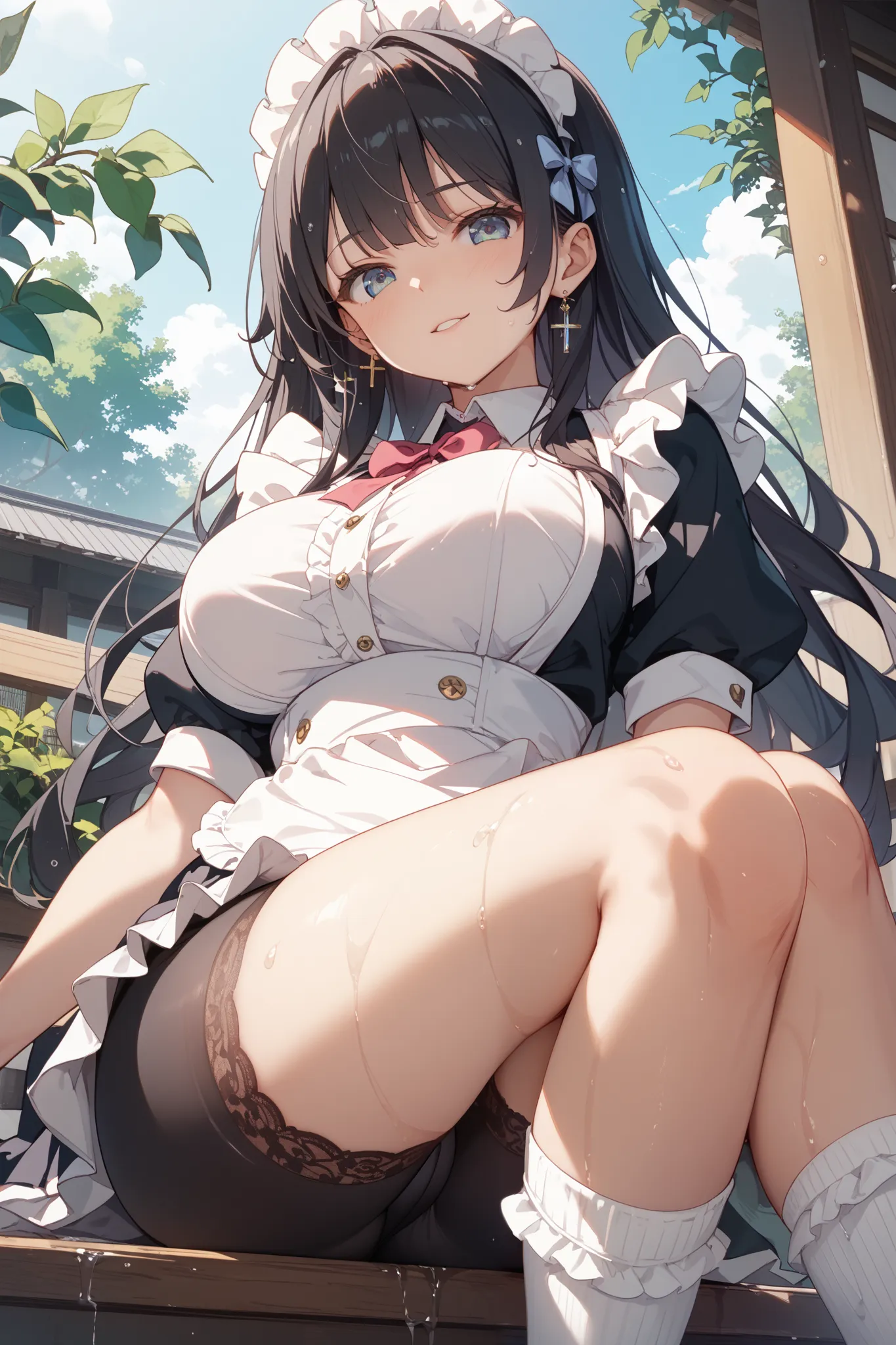 1 girl、Maid、sitting、frill socks、from below、 Ashikiri、Shameful 、cross lace legs are wet、bike shorts、over the knee socks、masterpiece、Top Quality、uncorrected, black hair、long hair、Japanese、Big Breasts