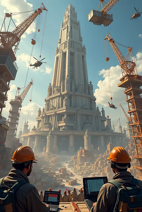  The Tower of Babel . construction. Tower cranes. Cargo helicopters lift containers. guys with glasses with laptops and microphone headsets are standing in the background of a construction site 