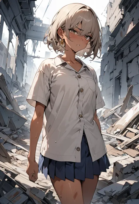 ((greatest masterpiece,Ultra High Quality:1.2)),(super resolution),(solo),cowboy shot,a slender high school girl standing in ruins,Full Body Injury,beautiful face, healthy tan skin , light brown short hair,Perfect brown eyes, serious expression,white schoo...