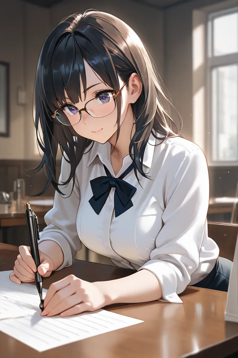 beautiful girl, attractive, dark hair, top quality, masterpiece, cinematic shot, dynamic pose, mysterious, cute eyes, cute face, wearing a corporate attire, wearing eye glasses, in front of a table, writing notes