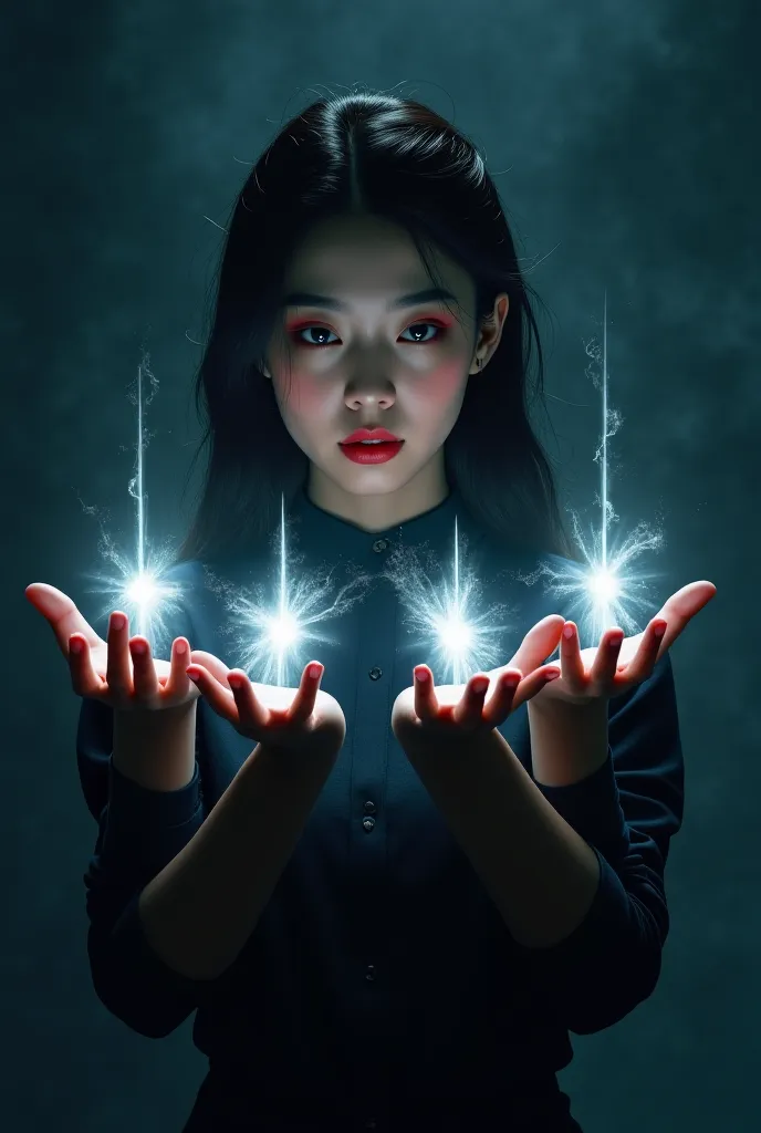 Please generate me an image of Yeji from itzy holding something invisible on each of her hands and should be in line on her shoulder. Make it dark themed.