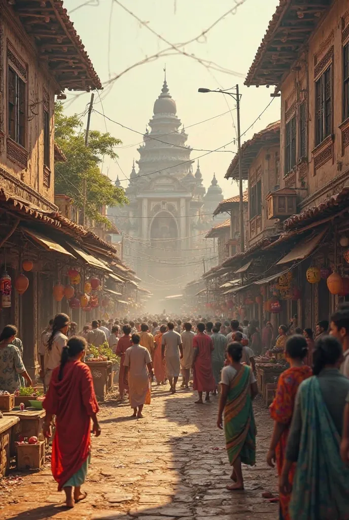 "Create a detailed 3D scene of a bustling historical street in Lalbagh during the early 20th century. The scene should feature a crowded marketplace filled with vendors, fishermen, and traders. Traditional Indian houses with ornate wooden windows line the ...