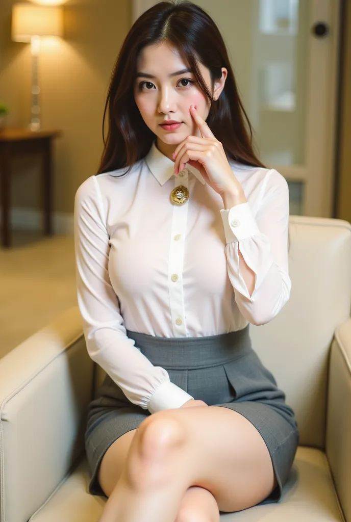 a young woman seated on a light-colored chair in an indoor setting, likely an office or lounge. She has long, dark hair styled neatly, and her expression is poised and confident. She is dressed in a professional yet stylish outfit, consisting of a white bl...