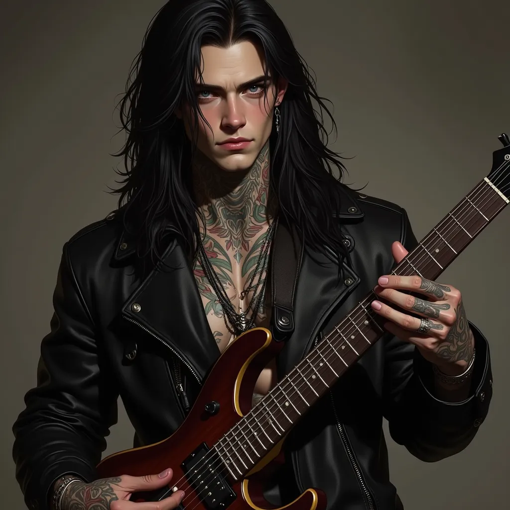 A anatomically Correct digital painting, attractive caucasian man, eletric guitar, fair skin, very long black hair past his shoulders, sharp rugged features, gray eyes, with detailed tattoos on his neck and chest, wearing just a leather jacket, tall lean b...