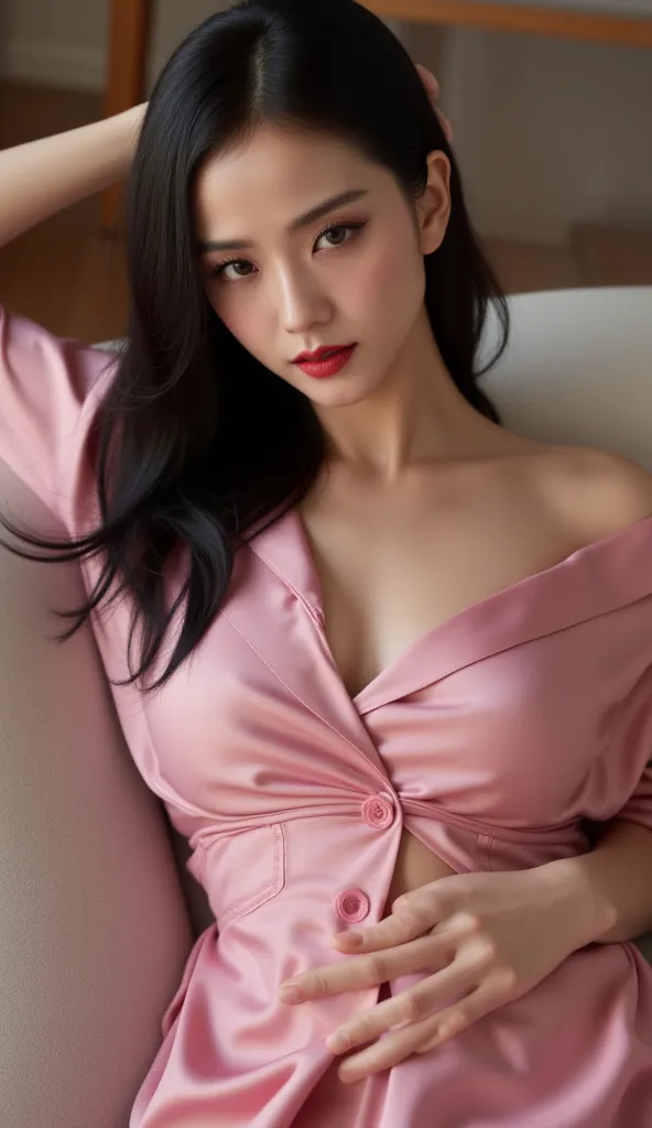 A beautiful woman, sitting leaning on the couch,  front facing, use pink silk material sleeping shirt, big boobs, red lips,  slim waist,