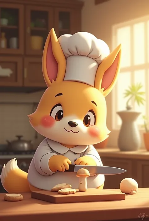 Adorable animal chef slicing mushrooms, cute cartoon-style animation, cozy kitchen setting, soft lighting, smooth knife movement, tiny hands holding the mushroom, wholesome and relaxing atmosphere.