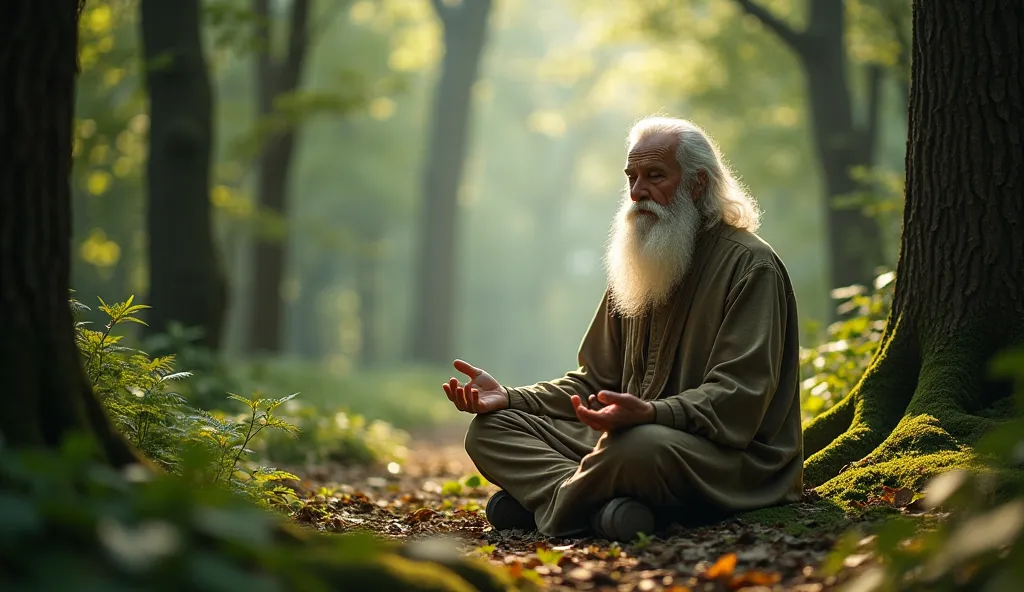  an elderly man with long white hair and an extensive beard, sitting in a meditation position amidst a dense and verdant forest. He wears simple clothes in earthy tones, conveying a serene and wise appearance. The soft and natural light that crosses the tr...