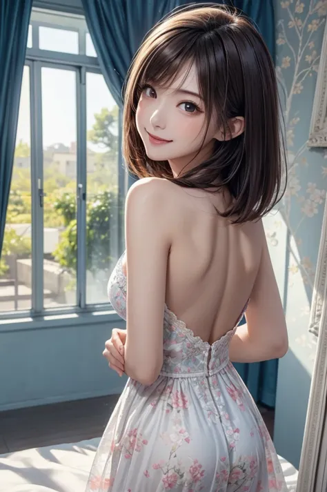 (masterpiece, high quality, high resolution:1.2), 1girl, straight bob hair, very detailed, radiant skin glow, natural face lighting, beautiful breasts, wearing a frilly lace dress, turning back, looking over shoulder with a sweet smile, bright bedroom with...