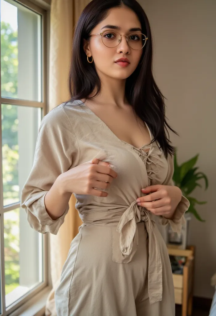 Adult girl glasses removing dress

