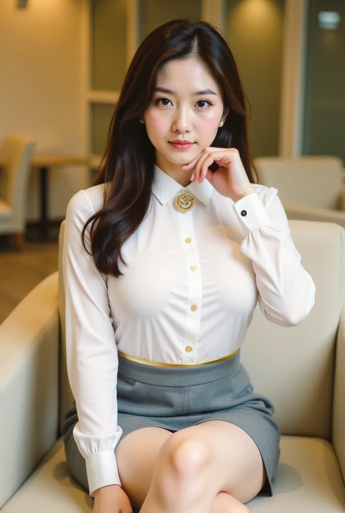 a young woman seated on a light-colored chair in an indoor setting, likely an office or lounge. She has long, dark hair styled neatly, and her expression is poised and confident. She is dressed in a professional yet stylish outfit, consisting of a white bl...