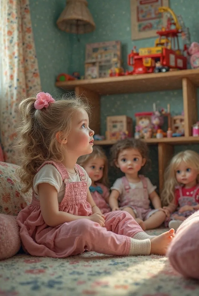 A young girl sits in her bedroom, surrounded by dolls, but she looks towards a construction set on a high shelf, out of reach. She has a curious and thoughtful expression, as if wondering why she doesn’t have toys that let her build. The room is cozy and c...