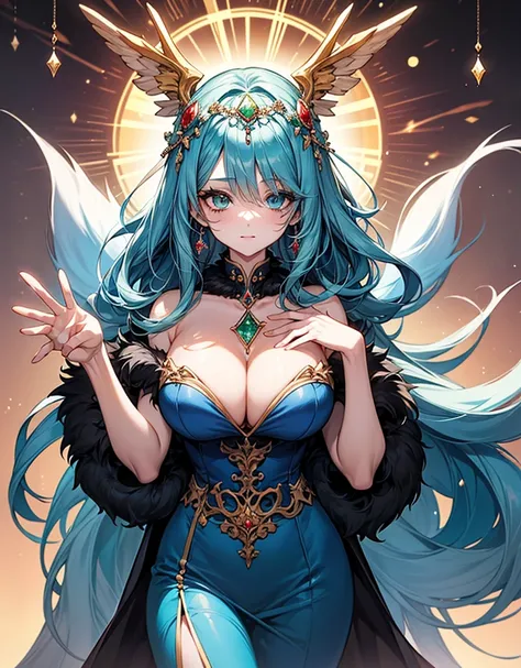  manga style 、 anime style 、Medieval Fantasy Style、A bluff that looks like a white wall、Deep blue sea、She has a large fox-colored fur coat（ detailed clothing：1.2）Wearing、is spreading her hands in a flashy manner。She is adorned with many red jewels。with onl...