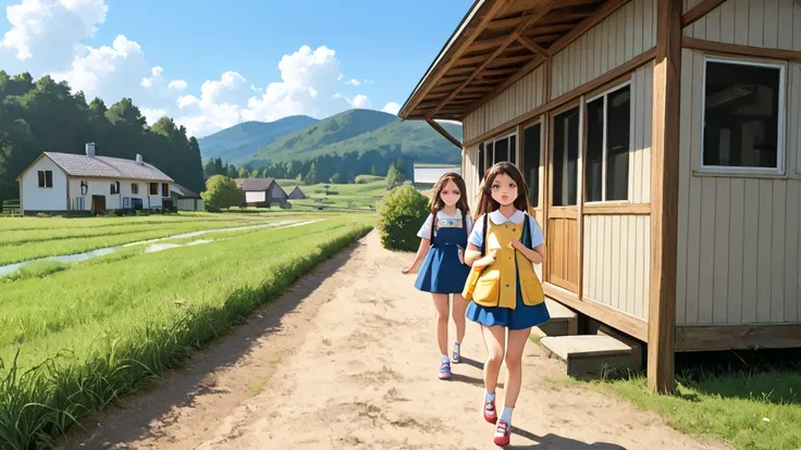 Boy and girl go home together in good company、The two are  in kindergarten、The background is near a rural house