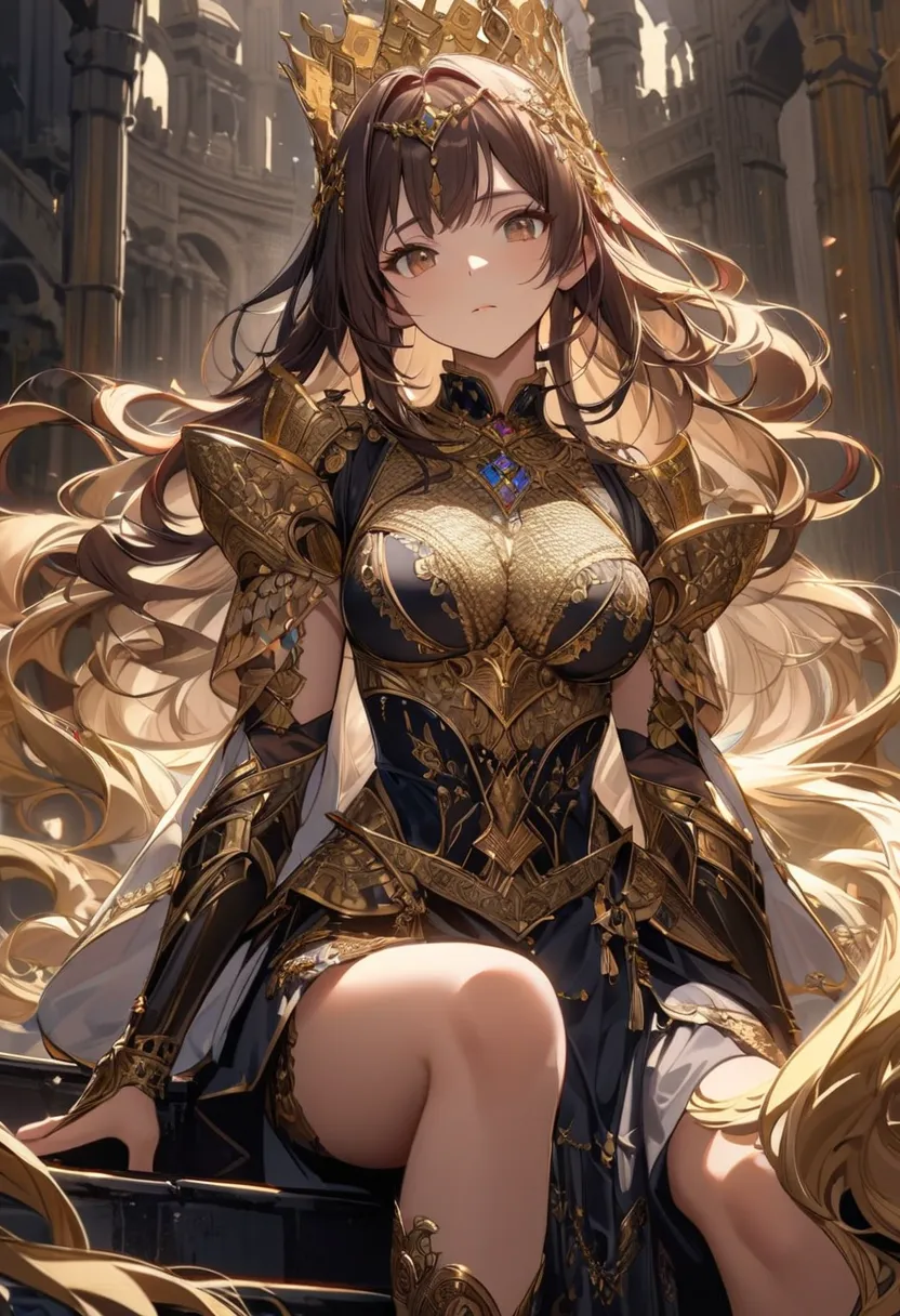 sits.  Her long, dark reddish-brown hair is styled in flowing waves, adorned with a golden crown featuring intricate details and gemstones.  She wears a detailed, ornate outfit resembling  armor.  The top is a dark, possibly black or deep navy, fitted bodi...