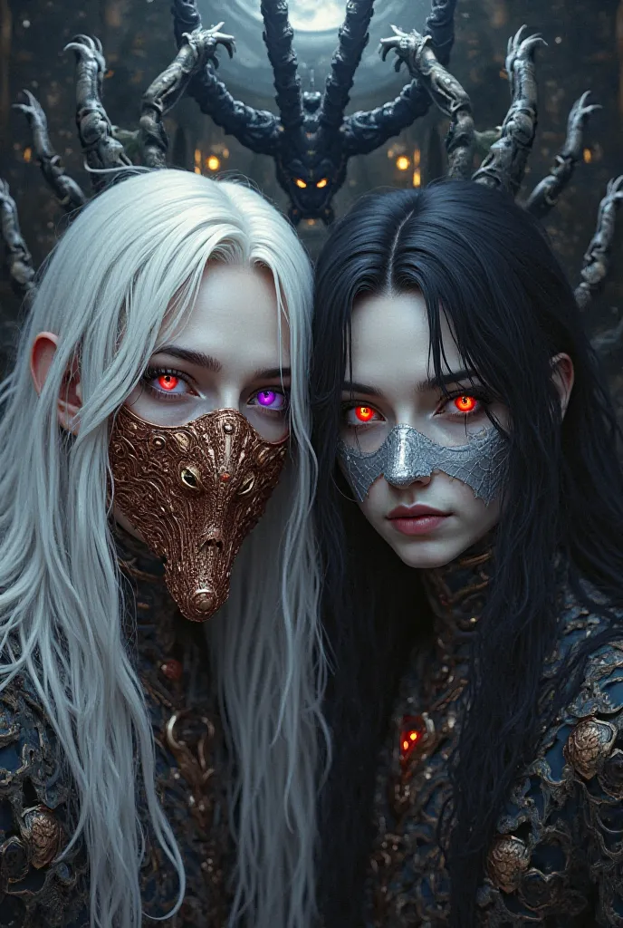 Two twin brothers s, one with long white hair and bright purple eyes like the moon and the other with black hair and big radiant eyes like the sun. One wears a mask made of copper wires shaped like a wolf's head over his face., The other one wears a silver...