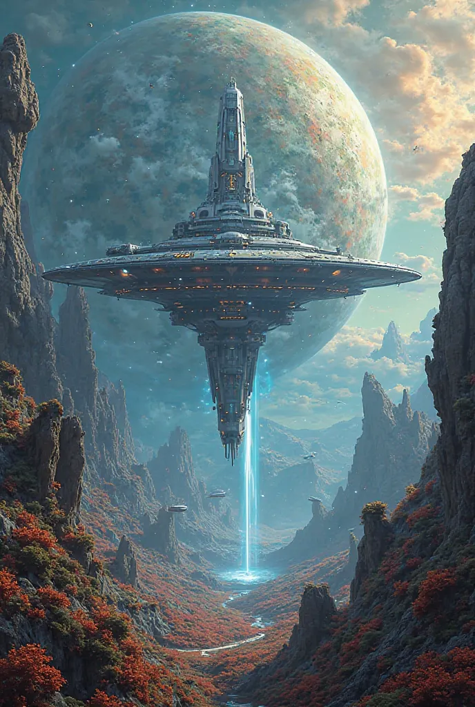 A futuristic space station floating above a colorful alien planet with glowing plants."