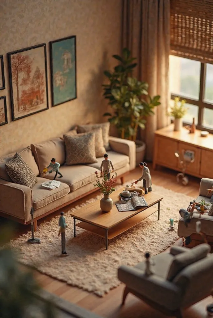 A fully furnished, beautifully designed modern apartment with a cozy and luxurious ambiance. Tiny human-like figures (miniature interior designers) are adding the final decorative touches: some are adjusting cushions on the sofa, others are placing a vase ...