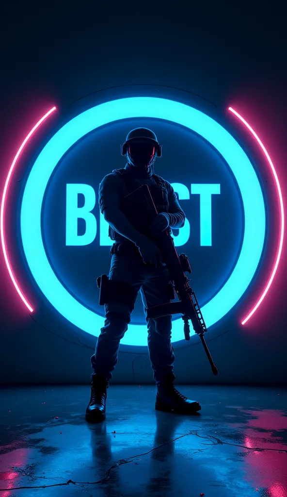 a moody, cinematic photograph of a futuristic, circular Logotipo design, illuminated by vibrant neon lights, With a Weapon AWM Sniper on his soldier, posed in a powerful, heroic stance, set against a dark, gradient black background, with the bold, modern, ...