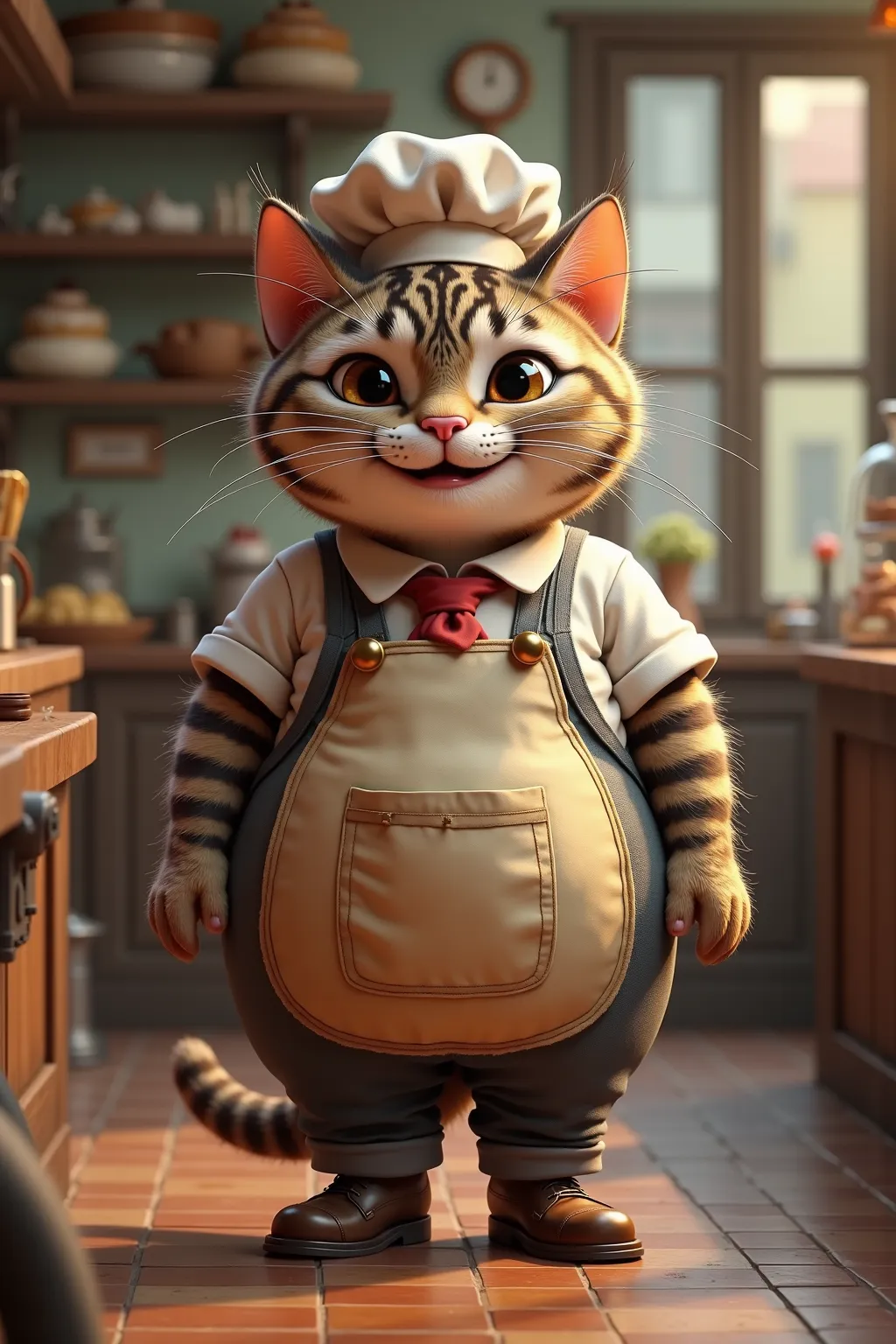 photorealistic full body portrait of Dressed animals - a ((fat)) (baby Cheshire cat) bakery,(art by Simon Bisley),(happy smile:1.5),(furry), high quality,(lovely) hands on hips,, (Wearing bakery's clothes) , (wearing apron and shirt ), highly detailed (bak...