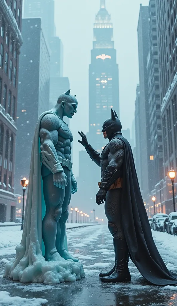 "A hyper-realistic, cinematic scene of Batman standing face-to-face with an Iceman statue, his gloved hand reaching out to touch the frozen figure. His cape flows slightly in the icy wind, and his expression is intense, filled with determination. The backg...