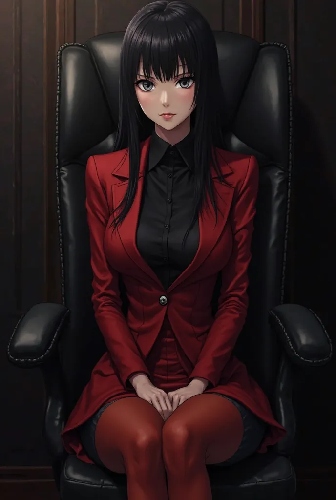 Beautiful anime adult woman with long straight black hair and gray eyes. She's wearing a tight red office suit, a black blouse and a tight red skirt. She is sitting in a black leather office chair and her legs are crossed., He wears red high-heeled shoes. ...