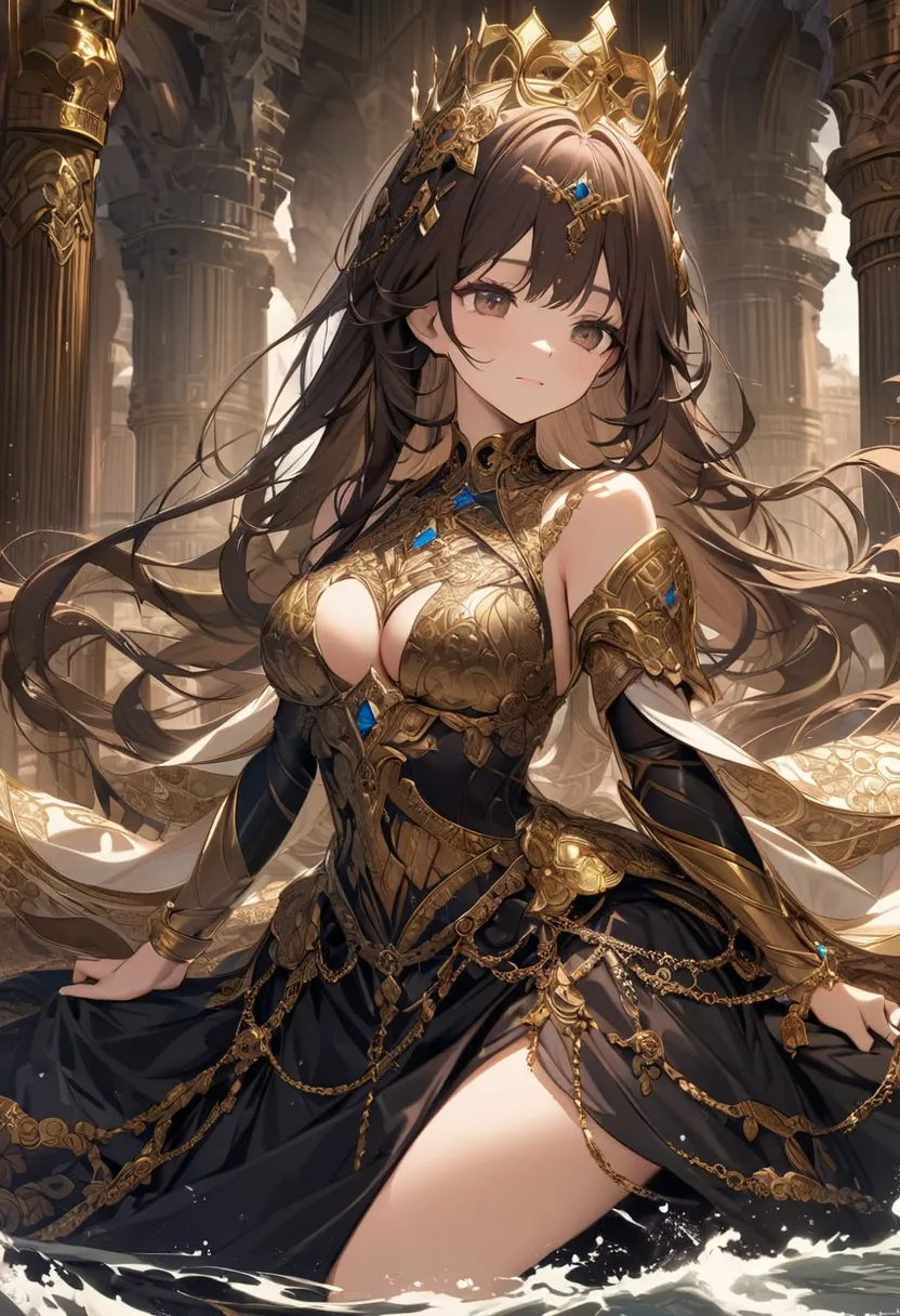 sits.  Her long, dark reddish-brown hair is styled in flowing waves, adorned with a golden crown featuring intricate details and gemstones.  She wears a detailed, ornate outfit resembling  armor.  The top is a dark, possibly black or deep navy, fitted bodi...