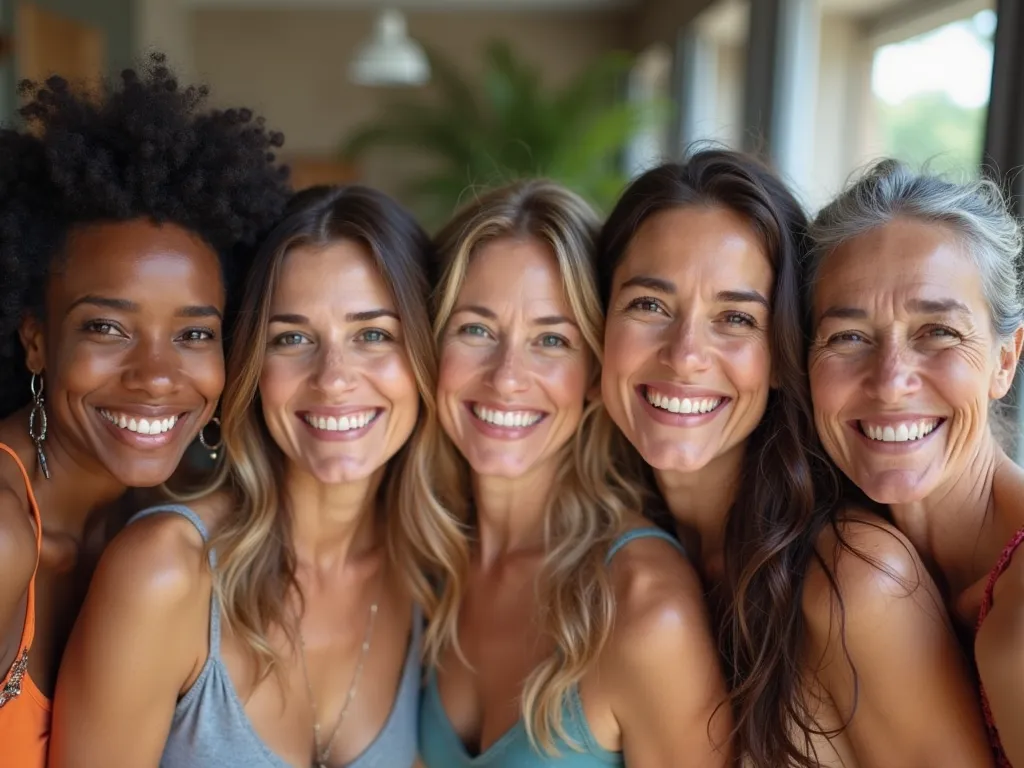 create a selfie taken by a group of women of different ethnicities, smiling at the camera in a fun environment, light and lively, to symbolize women's beauty on International Women's Day. The image must have a black woman, an Asian , a middle-aged woman, a...