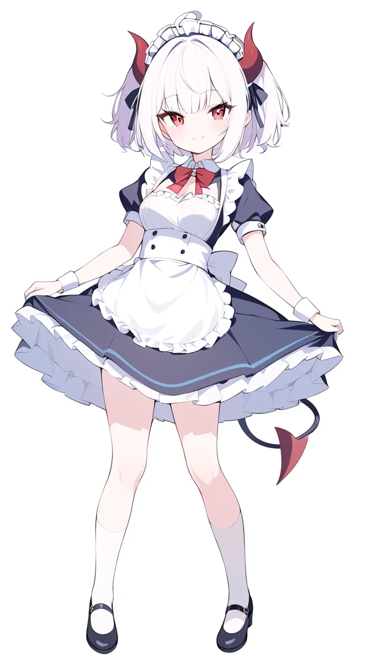 18 age girl, devil girl, little red horns, stockings, white hair, short fluffy hair, big red eyes, pale skin, rosy cheeks, medium breasts, red cheeks, maid outfit. white background, full body, standing pose, looking at viewer, slight smile