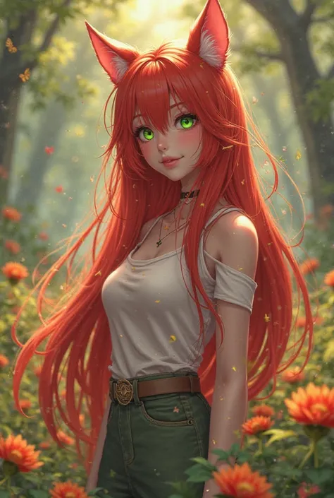  a girl, Alone, long hair, red hair, green eyes, cat ears,  ANIMATED STYLE ,  smile, animal ears,  breasts, Alone, full body, me,  top quality, 4k, ultra detailed, physically rendered, studio lighting, vivid colors, fantasy scene , magic forest, flores,  b...