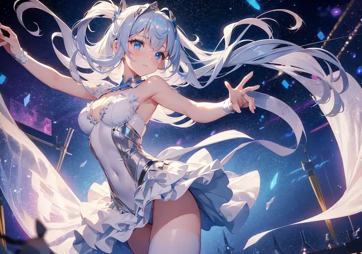 A beautiful ballerina dancing on the stage of a cyber orchestra. A silver tutu and holographic ribbons fluttering in the wind. Clear blue eyes and a graceful pose with a fluffy atmosphere. Space-like light particles float in the background, and the light d...