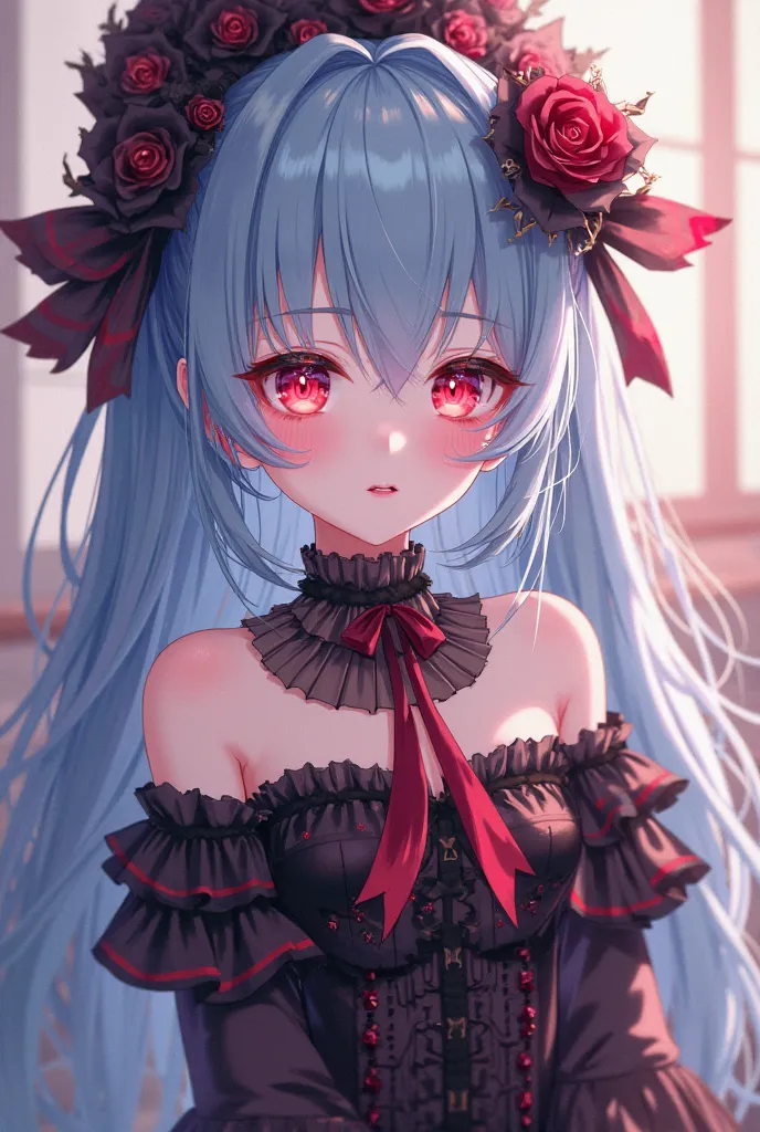 anime style、Cute and Gothic、pink blue long hair、Glowing eyes、 Soft light 、 Exquisite Five Officers 、Fantasy girl、Fashion Accessories 、Red love and black star pattern on the face、 Mysterious Elegance 、Off-the-shoulder ruffle fringe dress、dream aesthetics、So...